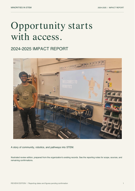 Cover of the 2024–2025 Minorities in STEM impact report review edition.