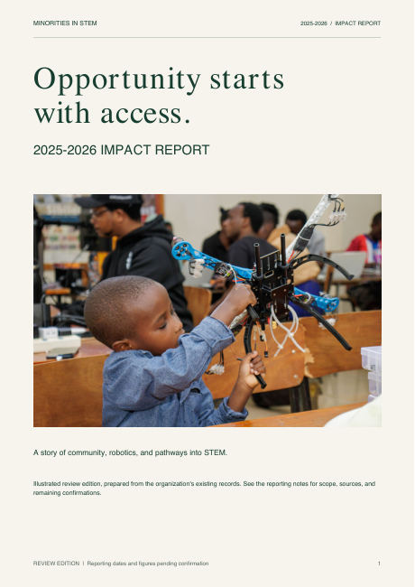Cover of the 2025–2026 Minorities in STEM impact report review edition.